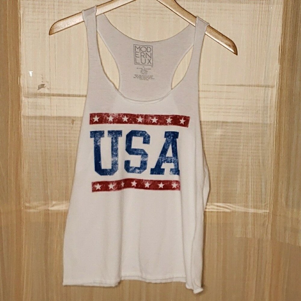 Modern Lux Womens White USA Distressed Look Tank Top XL